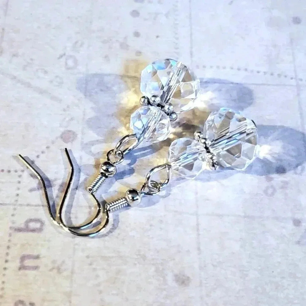 Vintage Faceted Clear Crystal Rondelle Silver Plated Bali Style Daisy Beads Earr